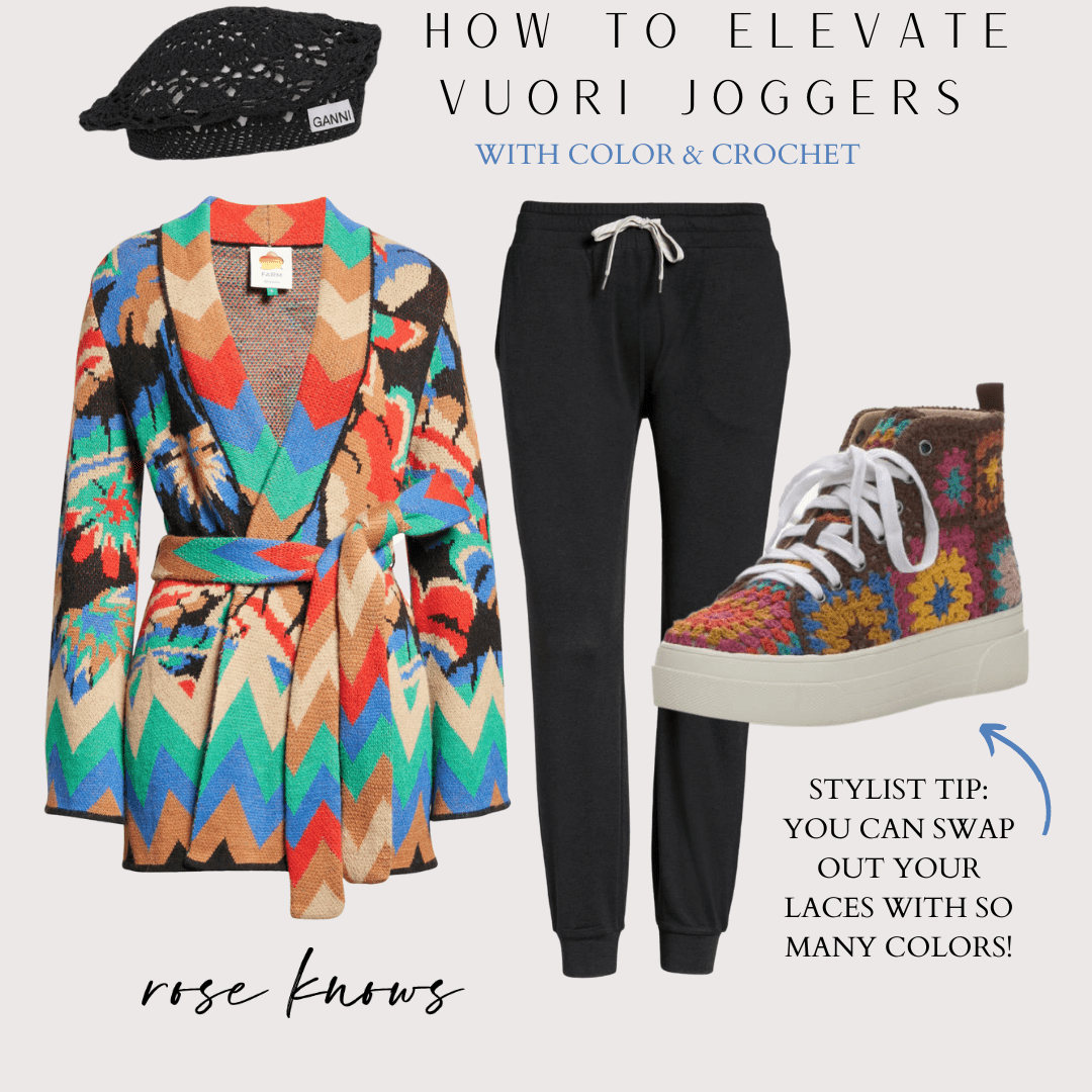 colorful farm rio cardigan and jogger pants crochet sneakers