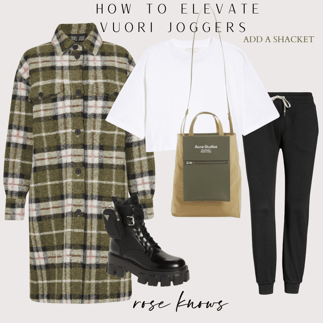 Plaid Shacket + joggers and Prada combat boots