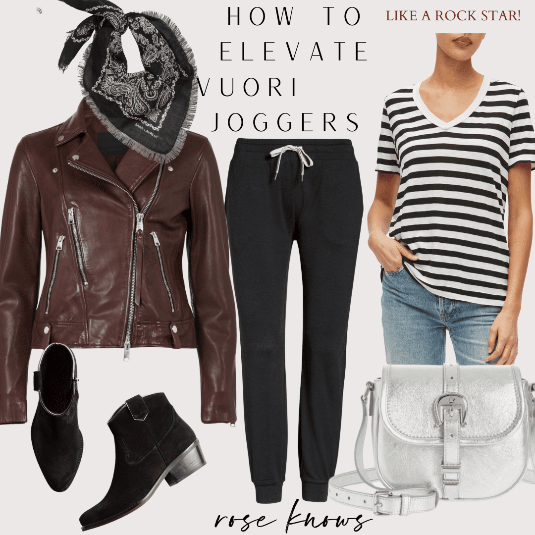 what to wear to a rock concert 
leather jacket and jogger pants stripe t shirt 