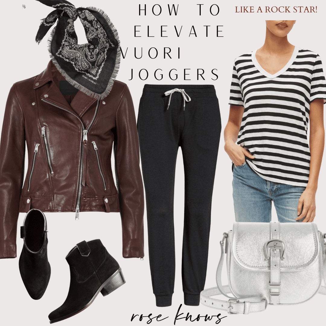 what to wear to a rock concert
leather jacket and jogger pants stripe t shirt