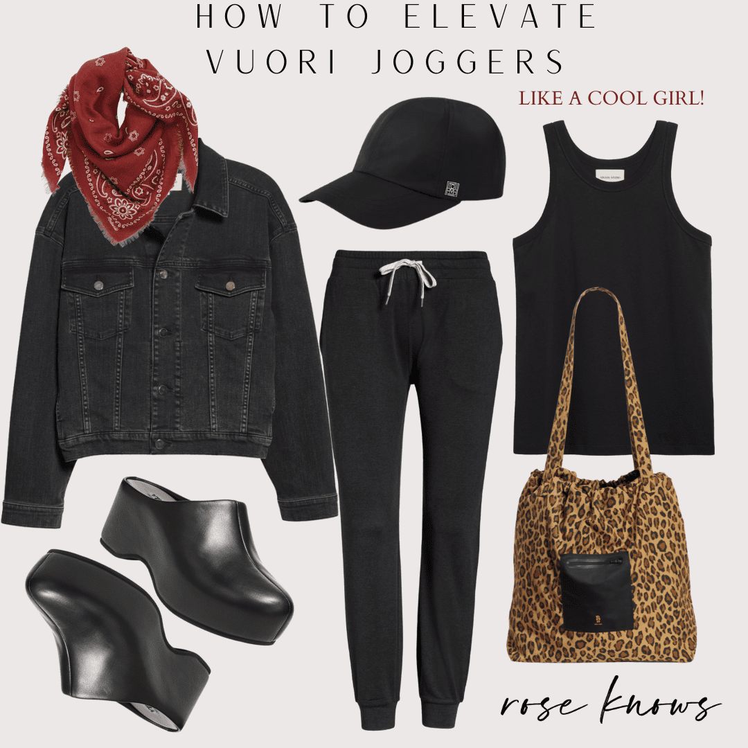 denim jacket and joggers red bandana clogs leopard tote bag