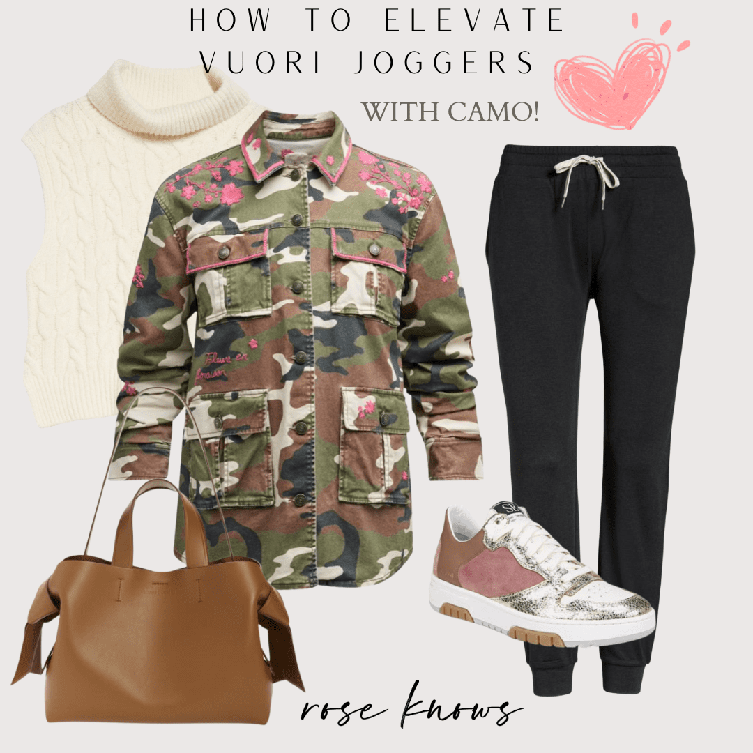 embroidered army jacket and jogger pants