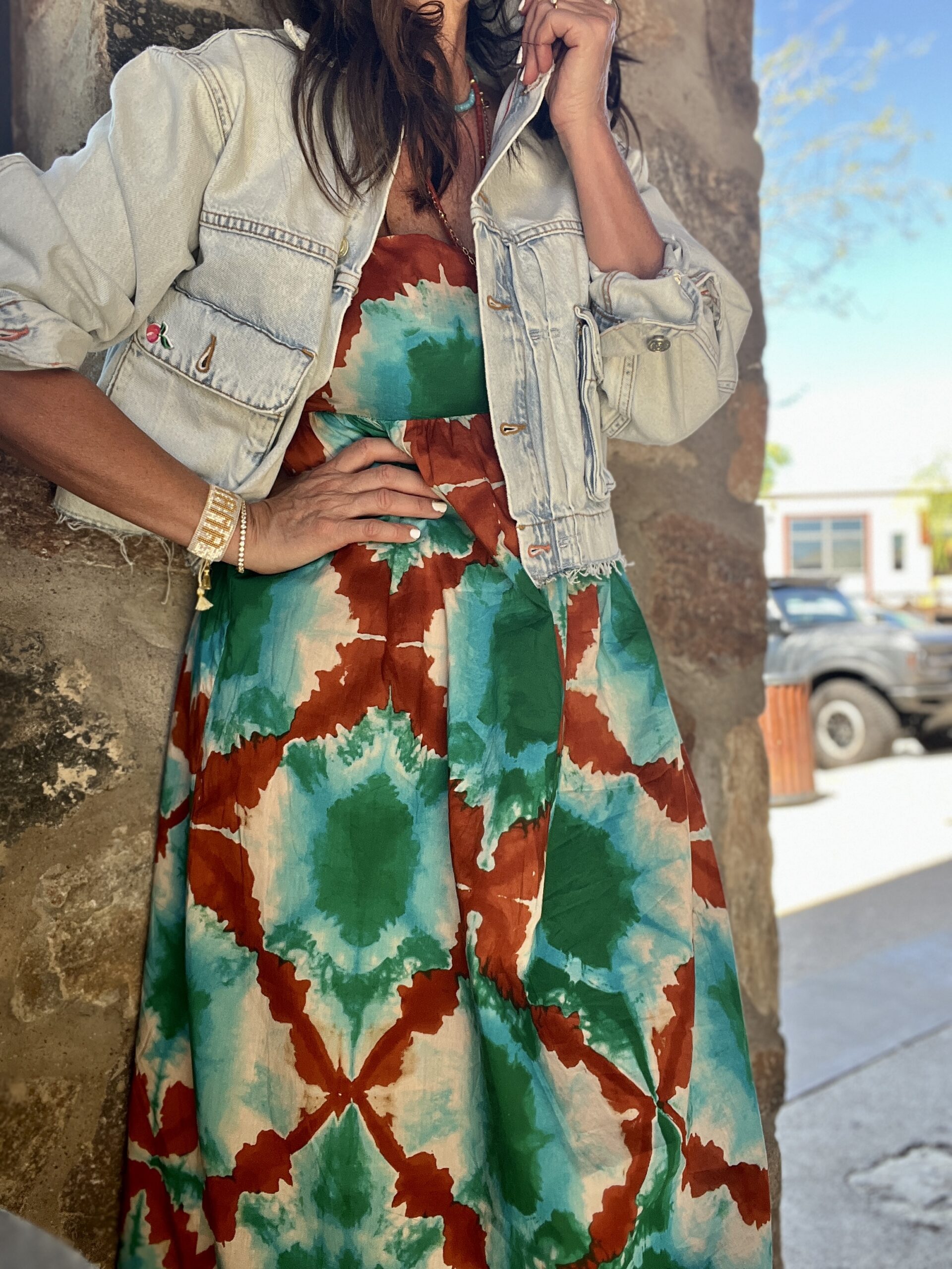 Rails colorful sundress worn with crop denim jacket
