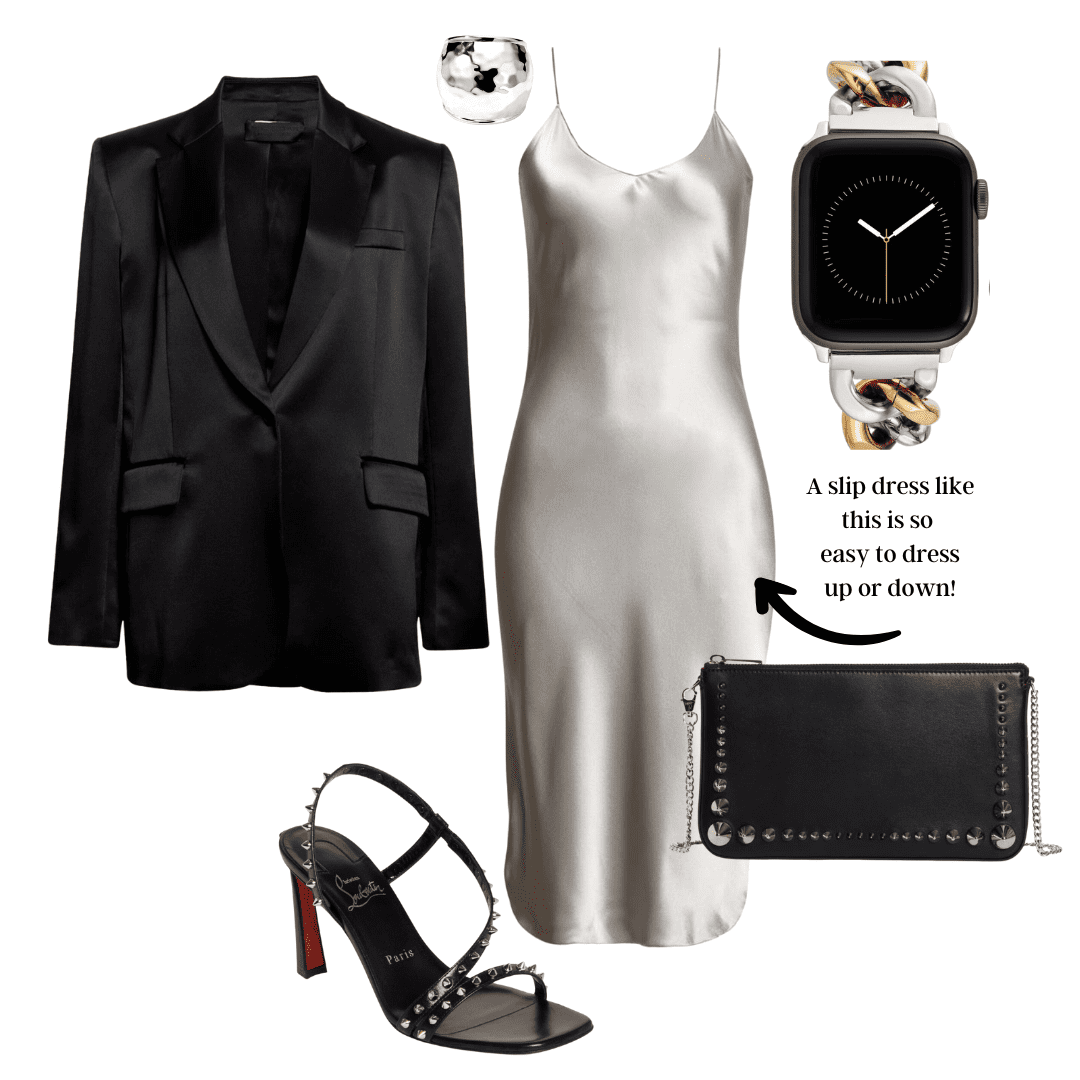 splurge Silver Nili Lotan slip dress outfit styled for a night on the town
