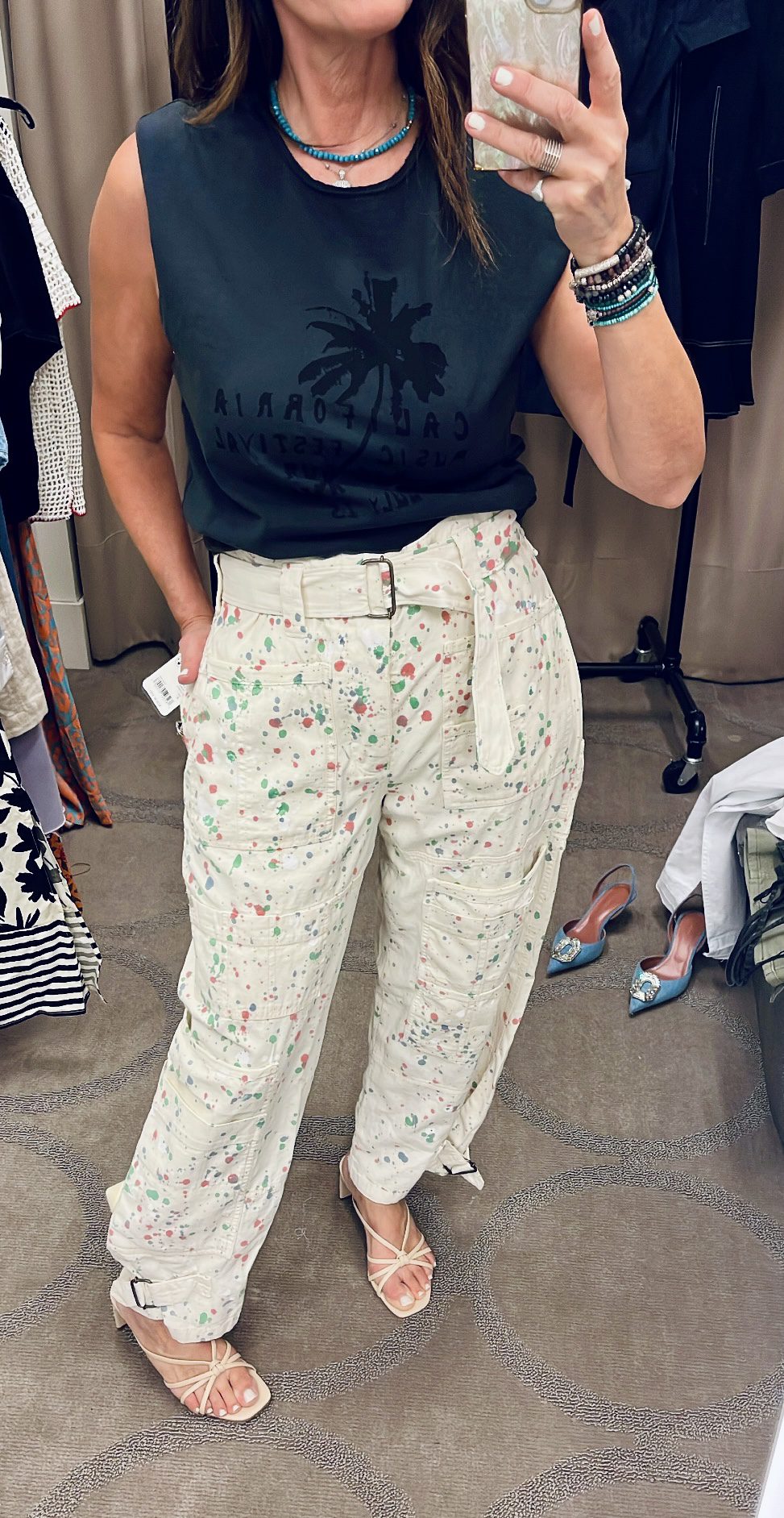 Free People splatter paint pants are fun and on trend with toggled bottoms